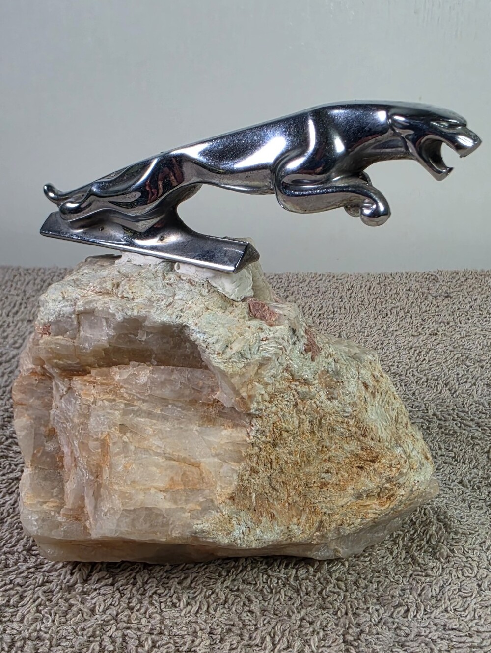 Chrome Jaguar Sculptural Hood Ornament on Stone Base - Silver Accent